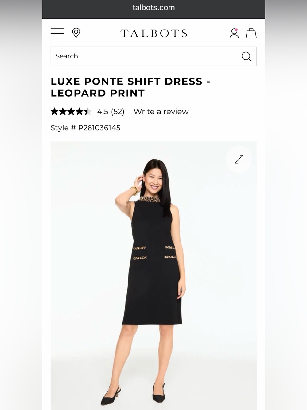 Talbots Black Shift Dress with Leopard-Print Trim